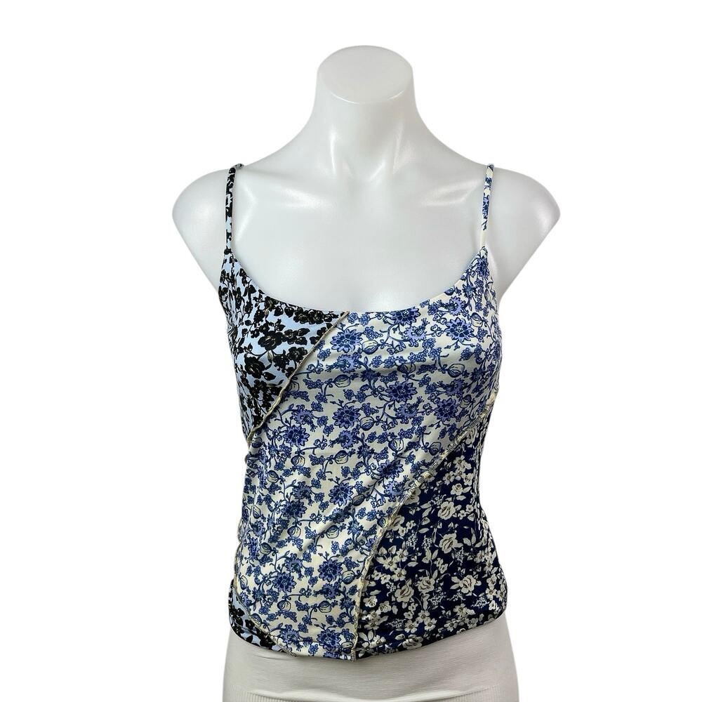 MNG Mango Womens Floral Blue Sleeveless Patchwork Cami Camisole Tank Top Size S